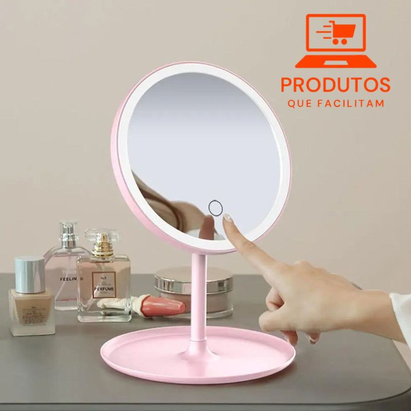 Espelho de Maquiagem com Luz LED e Porta Jóias
